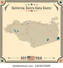 Large and accurate map of Contra Costa County, California, USA with vintage colors.