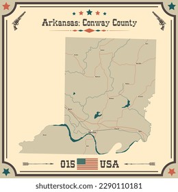 Mapa grande y preciso del Condado de Conway, Arkansas, EE.UU. con colores vintage.