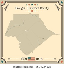 Mapa grande e preciso de Condado de Crawford, Geórgia, Estados Unidos da América com cores vintage.