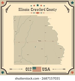 Mapa grande e preciso de Crawford County, Illinois, Estados Unidos da América com cores vintage.