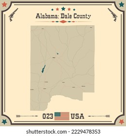 Large and accurate map of Dale county, Alabama, USA with vintage colors.