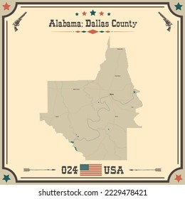 Mapa grande y preciso del condado de Dallas, Alabama, EE.UU. con colores antiguos.