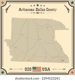 Große und genaue Karte von Dallas County, Arkansas, USA mit Vintage-Farben.