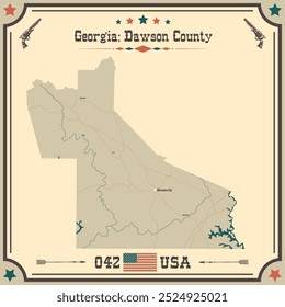Mapa Grande y exacto del condado de Dawson, Georgia, Estados Unidos con colores vintage.
