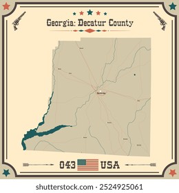 Mapa Grande y exacto del condado de Decatur, Georgia, Estados Unidos con colores vintage.