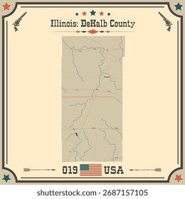 Mapa Grande y exacto del condado de DeKalb, Illinois, Estados Unidos con colores vintage.