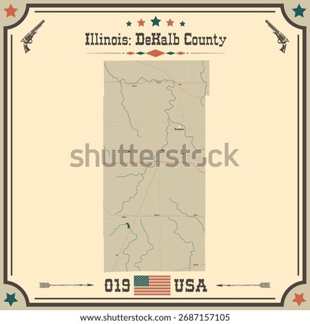 Large and accurate map of DeKalb County, Illinois, USA with vintage colors.