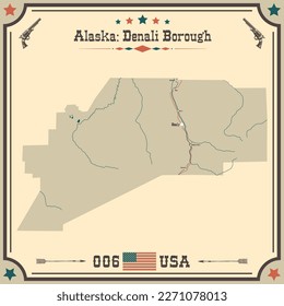 Large and accurate map of Denali Borough, Alaska, USA with vintage colors.