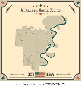 Mapa grande y preciso del Condado de Desha, Arkansas, EE.UU. con colores vintage.