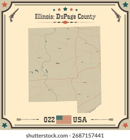 Large and accurate map of DuPage County, Illinois, USA with vintage colors.