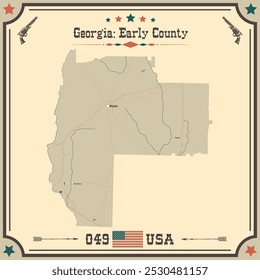 Mapa Grande y exacto de Early County, Georgia, EE.UU. con colores vintage.