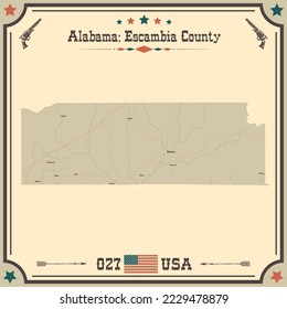 Large and accurate map of Escambia county, Alabama, USA with vintage colors.