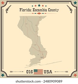 Mapa Grande y preciso de Escambia County, Florida, Estados Unidos con colores vintage.