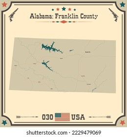 Large and accurate map of Franklin county, Alabama, USA with vintage colors.