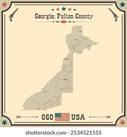 Mapa Grande y exacto del condado de Fulton, Georgia, Estados Unidos con colores vintage.