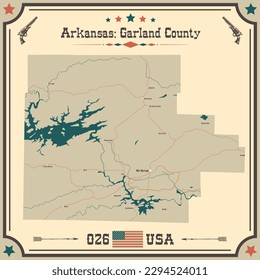 Large and accurate map of Garland County, Arkansas, USA with vintage colors.