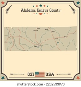 Mapa grande y preciso del condado de Ginebra, Alabama, EE.UU. con colores vintage.