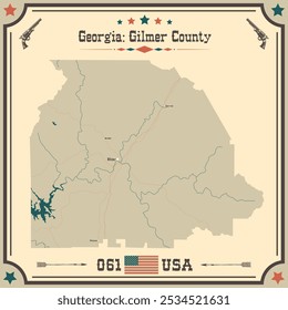 Mapa Grande y exacto del condado de Gilmer, Georgia, Estados Unidos con colores vintage.