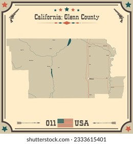 Mapa grande y preciso del condado de Glenn, California, EE.UU. con colores antiguos.