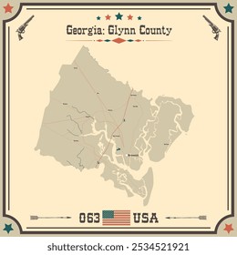 Grosse und genaue Karte von Glynn County, Georgia, USA mit vintage Farben.