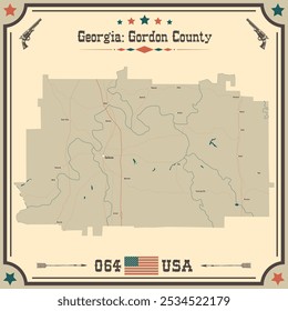 Grosse und genaue Karte von Gordon County, Georgia, USA mit vintage Farben.
