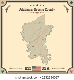 Große und genaue Karte des Greene County, Alabama, USA mit Vintage-Farben.