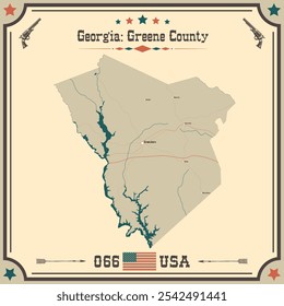 Grosse und genaue Karte von Greene County, Georgia, USA mit Vintage-Farben.