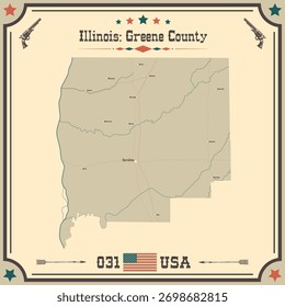 Mapa grande e preciso de Greene County, Illinois, Estados Unidos da América com cores vintage.