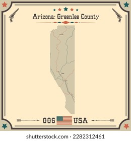 Large and accurate map of Greenlee County, Arizona, USA with vintage colors.