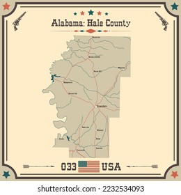 Large and accurate map of Hale county, Alabama, USA with vintage colors.