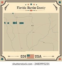 Large and accurate map of Hardee County, Florida, USA with vintage colors.