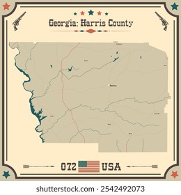 Mapa grande e preciso de Condado de Harris, Geórgia, Estados Unidos da América com cores vintage.