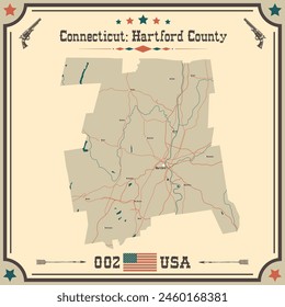 Large and accurate map of Hartford County, Connecticut, USA with vintage colors.
