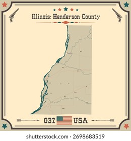 Large and accurate map of Henderson County, Illinois, USA with vintage colors.