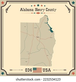 Mapa grande y preciso del condado Henry, Alabama, EE.UU. con colores vintage.