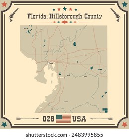 Mapa Grande y preciso de Hillsborough County, Florida, Estados Unidos con colores vintage.