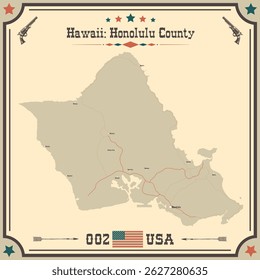 Mapa Grande y preciso del condado de Honolulu, Hawái, Estados Unidos con colores vintage.