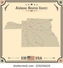 Large and accurate map of Houston county, Alabama, USA with vintage colors.