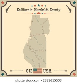 Large and accurate map of Humboldt County, California, USA with vintage colors.