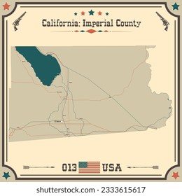 Mapa grande y preciso del Condado Imperial, California, EE.UU. con colores vintage.