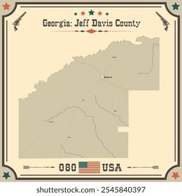 Large and accurate map of Jeff Davis County, Georgia, USA with vintage colors.