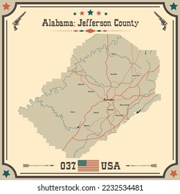 Mapa grande y preciso del condado Jefferson, Alabama, EEUU con colores vintage.