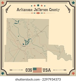 Large and accurate map of Jefferson County, Arkansas, USA with vintage colors.