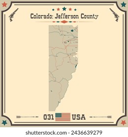 Mapa grande y preciso del condado de Jefferson, Colorado, Estados Unidos con colores vintage.