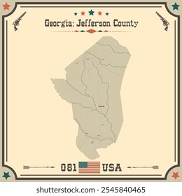 Mapa grande e preciso de Jefferson County, Geórgia, Estados Unidos da América com cores vintage.