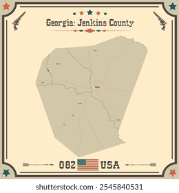 Mapa Grande y preciso del condado de Jenkins, Georgia, Estados Unidos con colores vintage.