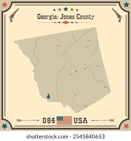 Mapa grande e preciso de Condado de Jones, Geórgia, Estados Unidos da América com cores vintage.