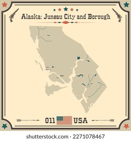 Mapa grande y preciso de la ciudad de Juneau y del Borough, Alaska, EE.UU. con colores vintage.