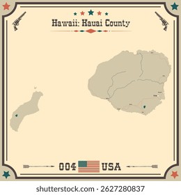 Large and accurate map of Kauai County, Hawaii, USA with vintage colors.