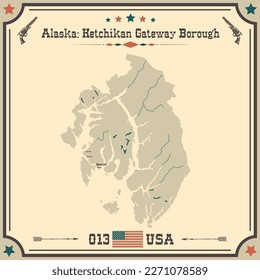 Large and accurate map of Ketchikan Gateway Borough, Alaska, USA with vintage colors.